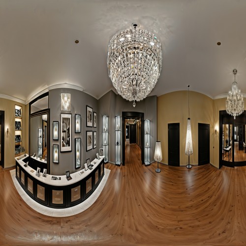 Lighting Showroom with Chandeliers and Fixtures: A spacious lighting showroom showcasing a range of chandeliers, pendant lights, and wall sconces. The room is dimly lit to emphasize the warm glow of each fixture, creating a cozy, ambient atmosphere as the lights cast reflections and shadows.