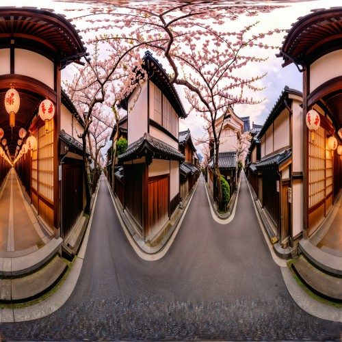 Historical Street in Kyoto, Japan: A traditional Japanese street lined with wooden houses, paper lanterns, and blooming cherry blossoms. Tourists stroll down the narrow path, some dressed in kimonos, adding to the charm and historical ambiance of the area.