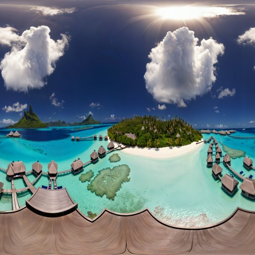 Crystal Clear Waters of Bora Bora: A pristine lagoon in Bora Bora, French Polynesia, with turquoise waters so clear that the white sand and coral reefs below are visible. Overwater bungalows line the shore, with a view of lush, green volcanic peaks in the background.