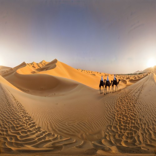 Desert Dunes in Dubai: Expansive sand dunes in the Dubai desert, with fine golden sand stretching as far as the eye can see. Tourists ride camels across the dunes at sunset, casting long shadows and adding a sense of adventure to the scene.