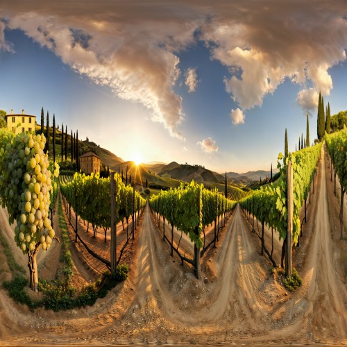 Peaceful Vineyard in Tuscany, Italy: A sprawling vineyard in the Tuscan countryside with rows of lush grapevines stretching over gentle rolling hills. The scene is bathed in golden sunlight, with a rustic farmhouse visible in the background.