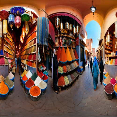 Bustling Market Street in Marrakech: A vibrant street market in Marrakech, Morocco, filled with colorful stalls selling spices, rugs, and handmade crafts. The atmosphere is lively with tourists and locals exploring the narrow lanes, under decorative lanterns hanging above.