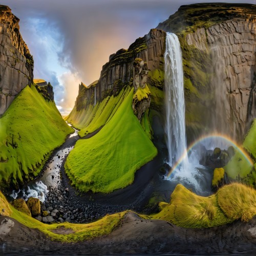 Majestic Waterfall in Iceland: A powerful waterfall cascading over rugged cliffs in Iceland, surrounded by lush green moss and rocky terrain. Mist rises from the water, with a rainbow forming in the sunlight, creating a stunning natural wonder.