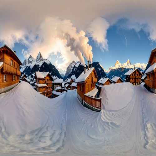 Snow-Capped Mountains in the Swiss Alps: A picturesque village nestled in the Swiss Alps, surrounded by towering, snow-capped mountains. Cozy wooden chalets with smoke rising from chimneys dot the landscape, creating a serene winter wonderland.